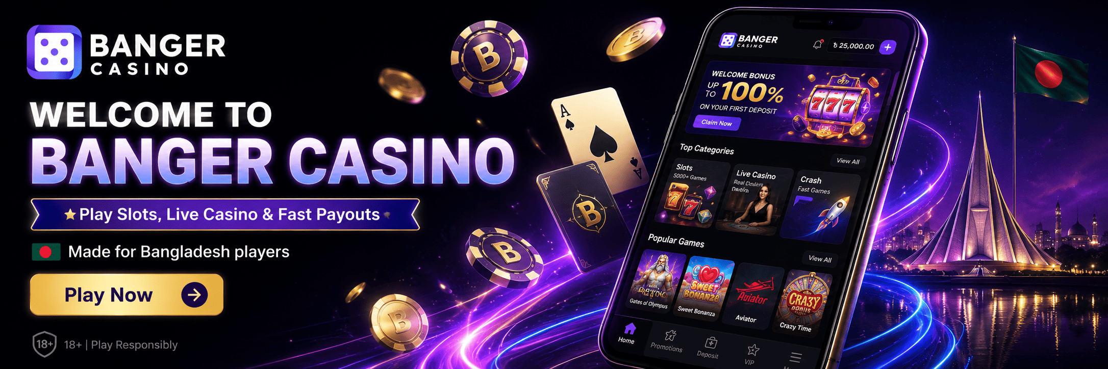 Banger Casino homepage banner with mobile casino app, Bangladesh flag, live games, slots and fast payouts